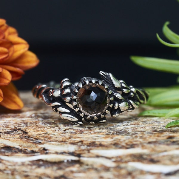 Smoky Topaz Ring GAIA Silver Engagement Ring | Brown Stone Ring | Statement Ring | Witchy Anniversary Ring  Boho Promise Ring | Faceted Ring