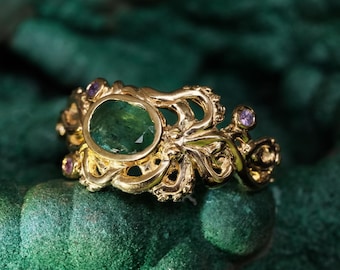 Emerald and Lavender Sapphire Octopus Ring THAIS Women Purple Sapphire Solid 14k Yellow Gold Ocean Multi Stone Ring Fine Fantasy Jewelry