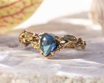 Tourmaline Ring | 14K Gold Wedding Ring | Boho Engagement Ring | Branch Ring | Blue Stone Promise Ring | Birthstone Ring | Organic Ring