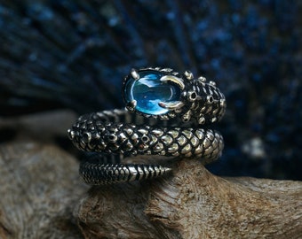 Cosmosnake | Blue Topaz Spiral Snake Ring | Silver Serpent Ring | Topaz Snake Wrap Ring | Snake Engagement Ring | Snake Statement Ring