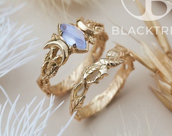Moonstone Ring Set "Soma" | Nature Ring Set | 14K Gold Wedding Jewelry | Leaf Organic Engagement Ring | June Birthstone Ring Star Ring Stack