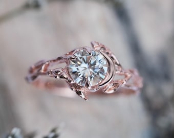 Moissanite 14K Rose Gold Engagement Ring LUNA | Botanical Leaf Branch Moon Band | Lab Grown Diamond Alternative