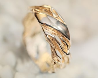Mens Gold Wedding Band Vivienne | Solid 14K Wide Ring with Organic Branch Texture | Rustic Nature Inspired Band