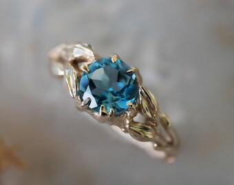 14K Solid Yellow Gold Swiss Blue Topaz Ring for Women “Louise” | Something Blue Gift | Engagement Leaf Botanical Nature Anniversary Proposal