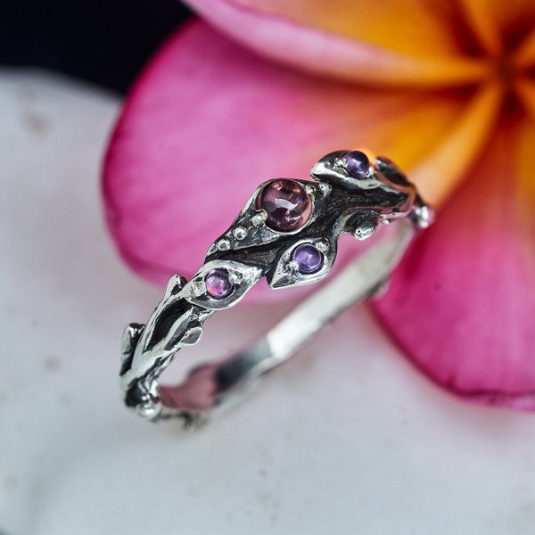 Pink Tourmaline Ring "Berry" | Engagement ring | Rose stone ring | Rings for women | Flower ring | Twig ring | Vintage ring | Silver ring