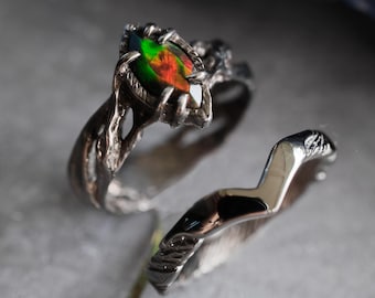 Black Fire Opal Ring Set Vivienne | Wedding Band Set | Silver Boho Bridal Ring Set | October Birthstone Stacking Promise Engagement Ring Set