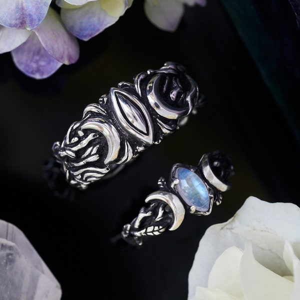 Moonstone Wedding Ring Set His and Hers "Soma" | Boho Couples Rings Set | Matching Rings for Couples |  Viking Rings Set | Wedding Band Set
