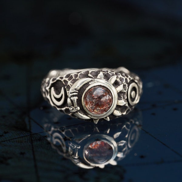 Sunstone Ring “Skytale” | Engagement ring | Sunstone Jewelry | Sun and Moon Ring | Celestial Ring |  Moon Phase Ring | Sun ring for women