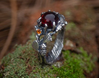 Amber Ring | Silver Engagement Ring | Amber Jewelry | Nature Inspired Promise Ring | Branch Wedding Band | Squirrel Anniversary Ring