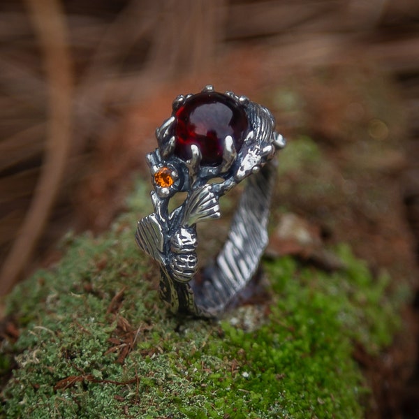 Amber Ring | Silver Engagement Ring | Amber Jewelry | Nature Inspired Promise Ring | Branch Wedding Band | Squirrel Anniversary Ring