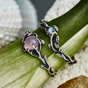Rings Set  &quot;April&quot; | Rose Quartz Engagement Ring | Curved Wedding Band Sterling Silver | Fantasy Wedding Ring | Nature-inspired Stack Rings