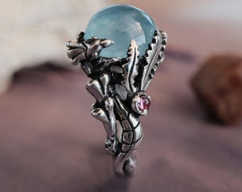 Aquamarine Ring "Earth" | Seaweed Bird Ocean Nature Large Ring 925 Silver | Flower Fairy Fantasy Cocktail Blue Stone Ring | Women Jewelry