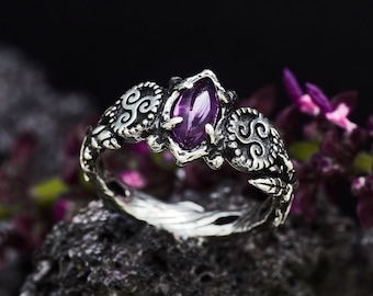 Bague celtique améthyste "Triskelion" | Bague bohème | Anneau de pierres précieuses violettes | Anneau de pierre de naissance de février | Bague Triskele irlandaise | Argent sterling