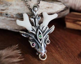 Deer Necklace Coral Silver Talisman, Boho Spiritual Jewelry, Protection Amulet, Nature Animal Bohemian Fantasy Gift Men Women Pendant