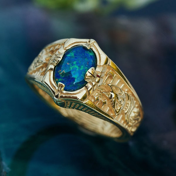 Real Gold Opal Engagement ring "Egypt Tale" | Australian Boulder Fire Opal Egyptian ring | Sphynx Cat Lotus Engagement Symbolic Ring Women