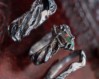 Black Fire Opal Wedding Ring Set "Vivienne" | His And Hers Black Silver Wedding Band Engagement Set | 3 Piece Matching Couple Stack Ring Set