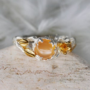 Peach Moonstone Engagement Ring Sue Moonstone ring Sterling Silver ring Rings for women Twig Ring Flower Ring Nature Ring image 2