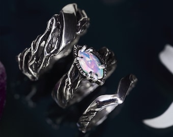 Fire Opal Wedding Ring Set | Statement Ring Set | Wide Wedding Band | Boho Couples Ring | October Birthstone Ring | His And Hers Ring Set