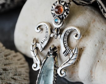 Silver Sun and Moon Aquamarine Necklace Fantasy Aquamarine jewelry Elf Necklace Vintage necklace for women Sunstone Moonstone Boho pendant