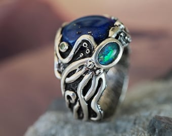 Octopus ring TWAIN | Lapis Lazuli 925 Silver Animal Ring Boulder Opal Organic Ocean Cocktail Ring | Fire Opal Symbolic Womens Ocean Jewelry