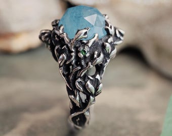 Aquamarine Ring "Greece" | Ocean Nature Inspired Sea Garden Ring | Women Blue Stone Jewelry Fantasy Forest Boho Natural Earthy Organic Ring