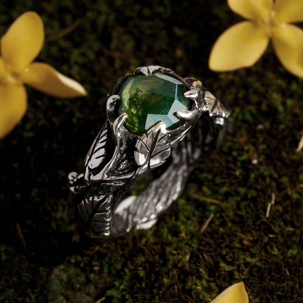 Moss Agate Ring | Boho Nature Ring | Leaf Ring Women | May Birthstone Sterling Silver Twig Ring | Engagement Ring for Her | Green Stone Ring