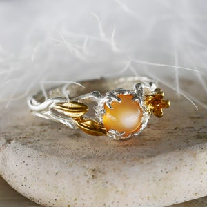 Peach Moonstone Engagement Ring Sue Moonstone ring Sterling Silver ring Rings for women Twig Ring Flower Ring Nature Ring image 1