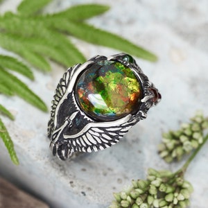 Anillo de ammolita para mujer y hombre / Anillo de ave fénix en ascenso en plata de ley / Anillo llamativo con piedras preciosas arcoíris / Anillo curativo vintage