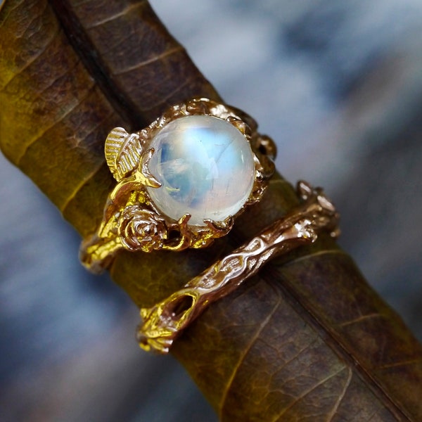 Moonstone Engagement Ring Set "Cleo+Mio" | 14K Rose Gold ring | Stacking Rings set | Engagement set | Gold jewelry | Gold Moonstone ring