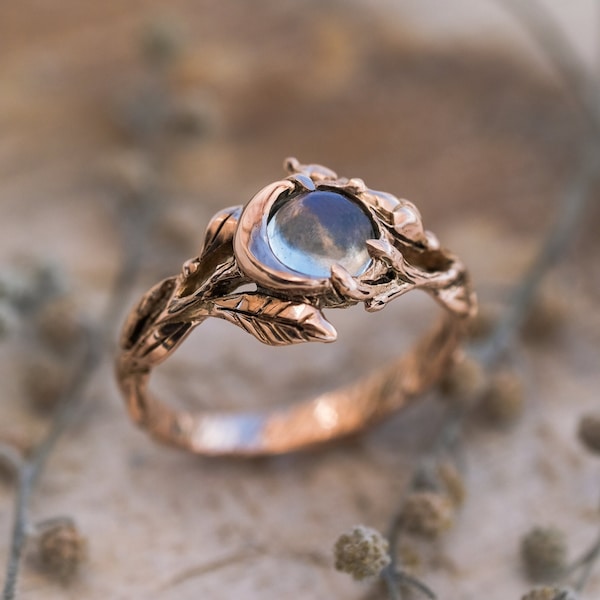 Anillo de oro rosa "Luna" / Joyería de oro de 14 quilates Anillo vintage de fase lunar / Anillo de compromiso de piedra lunar para boda Anillo de promesa de oro macizo de 14 quilates para mujer