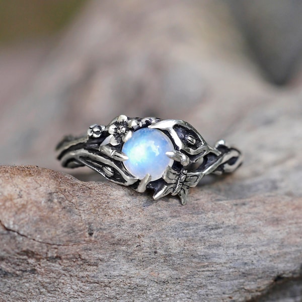 Rainbow Moonstone Ring for women "Summer" | Moonstone Engagement ring | Butterfly ring | Vintage ring | Antique ring | nature inspired ring