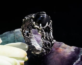 Silver Gothic Ring Women “Noir” | Gothic Jewelry Ring Black Stone | Ring Sterling Silver | Promise Ring Women | Goth Ring Silver Wiccan Ring