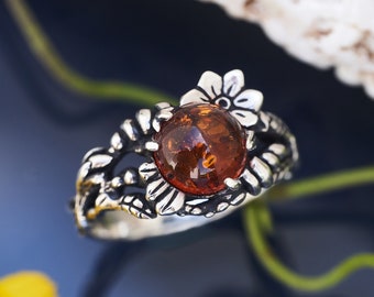 Bague ambrée « Miellé » | Bague antique | Bagues pour femmes | Anneau floral | Bague en argent sterling | Bijoux boho | Anneau bohème | Bijoux en ambre