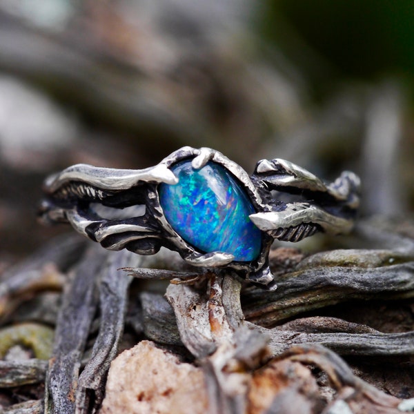 Boulder Fire Opal Ring "Eden" | Fire opal engagement ring | Sterling silver ring | Twig ring | Vintage ring | Native Twig leaf ring