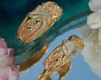 Gold Wedding Ring Set "Wolves" | Viking Jewelry | Wedding Rings| Viking ring | Wolf ring | Moonstone engagement ring  | Gold Wedding Jewelry