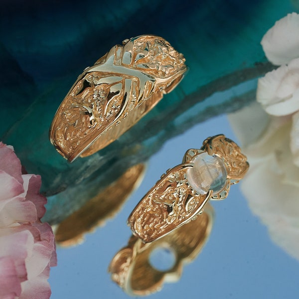Gold Wedding Ring Set "Wolves" | Viking Jewelry | Wedding Rings| Viking ring | Wolf ring | Moonstone engagement ring  | Gold Wedding Jewelry