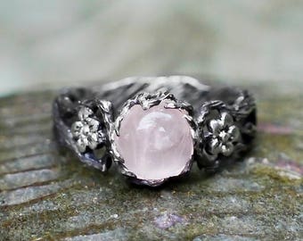 Bague Quartz Rose "Fleur" | Bague de fiançailles | Bague en argent sterling | Bague fleurie | Bague ancienne | Bagues pour femmes | Bague pierre précieuse