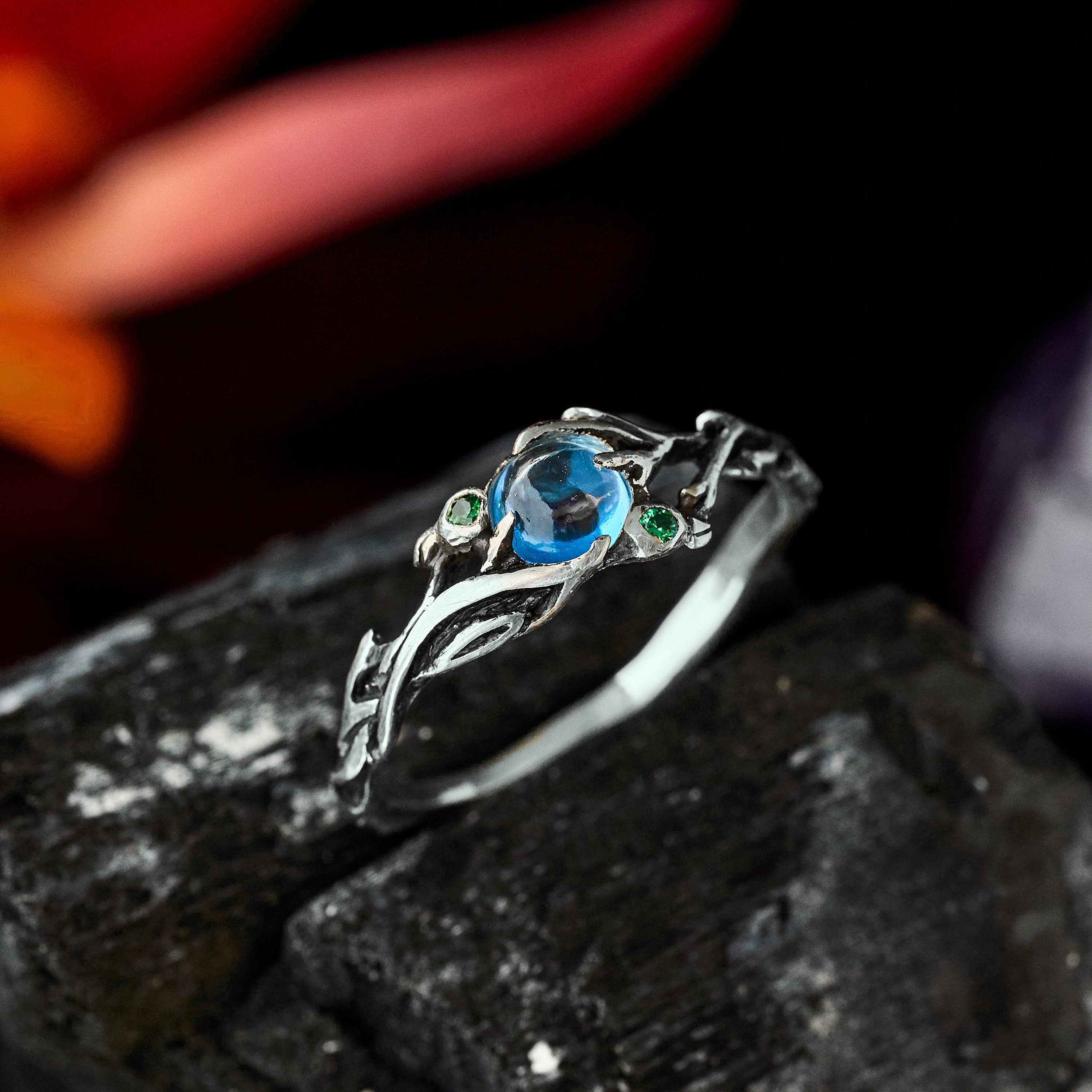 Blue Topaz Ring "Laguna" |  Blue Topaz Jewelry | Engagement Ring Blue Stone Rings for women | Vintage Antique Flower Ring | Tsavorite ring