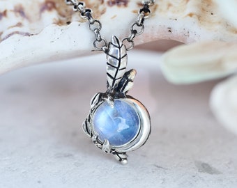 Rainbow Moonstone Necklace For Women "Luna" | Sterling Silver Necklace | Flower Necklace | Celestial Necklace | Moon pendant | Moon necklace