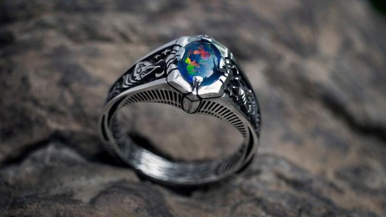 Opal ring Egypt Tale Boulder Fire Opal Ring Egyptian ring sphynx cat ring Cat lover gift Lotus ring Sterling Silver ring image 6