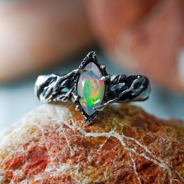 Fire Opal Engagement Ring for Women | Antique Opal Ring Sterling Silver | Ethiopian Opal Twig Vintage Ring for Her | Twig Nature Ring
