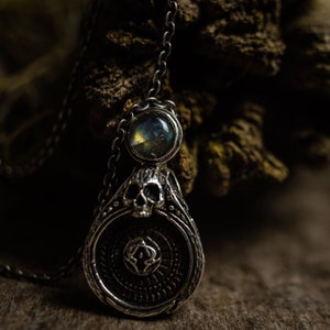 Skull Pendant “Alfa & Omega” | Labradorite Gothic Necklace | Blue Stone Pendant | Skull Jewelry | Blackened Silver Pendant | Large Pendant