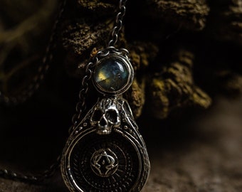 Skull Pendant “Alfa & Omega” | Labradorite Gothic Necklace | Blue Stone Pendant | Skull Jewelry | Blackened Silver Pendant | Large Pendant