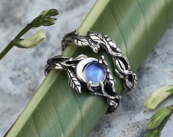 Moonstone Ring Set | Celestial Ring Set | Wedding Nature Ring Set | Boho Leaf Ring | Crescent Moon Engagement Ring | Blue Stone Ring Set