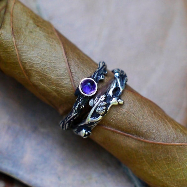 Conjunto de anillos de amatista Rocío+Mio / Anillos de compromiso de ramita / Joyería de boda / Conjunto de anillos de boda / Joyería vintage / Anillos para mujeres / Alianza de bodas