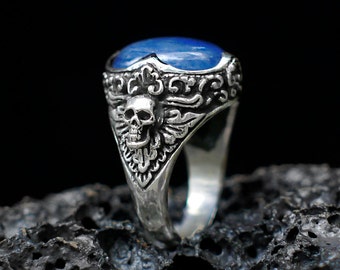 Anillo de calavera de plata "Elysium" / Anillo de hombre / Anillo para hombres / Anillo de cianita / Anillo vintage / Anillo de plata de ley / Anillo antiguo / Anillo de piedra azul