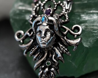 Fantasy jewelry pendant DEMETER | Elf jewelry | Antique art nouveau silver necklace pendant Goddess jewelry | Multi stone pendant with chain