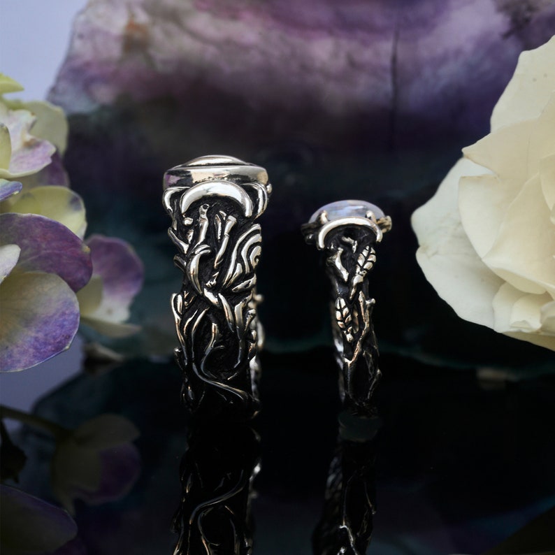 Moonstone Wedding Ring Set His and Hers Soma Boho Couples Rings Set Matching Rings for Couples Viking Rings Set Wedding Band Set image 4