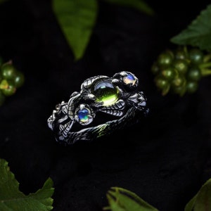Opal and Peridot Ring &quot;Angie&quot; | Peridot Engagement ring | Sterling Silver Flower ring | Rings for women  | Vintage Look Organic Shape ring
