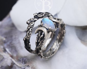 Conjunto de anillos de piedra lunar "Soma" / Anillo lunar de plata de ley / Joyería de piedra lunar / Anillo de compromiso de brujas / Joyería celestial / Anillo de triple luna